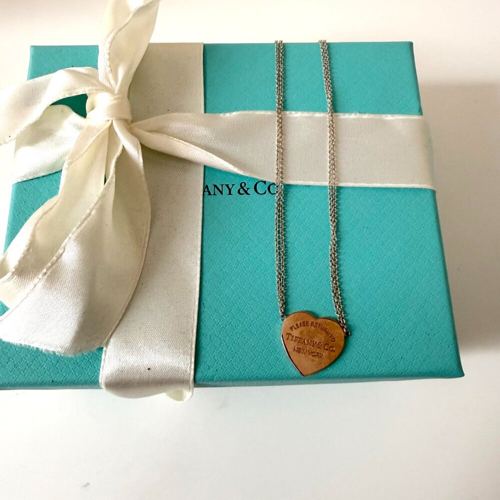 Tiffany & Co 925 Sterling Silver RUBEDO Double Chain Heart Tag Necklace - Picture 2 of 9